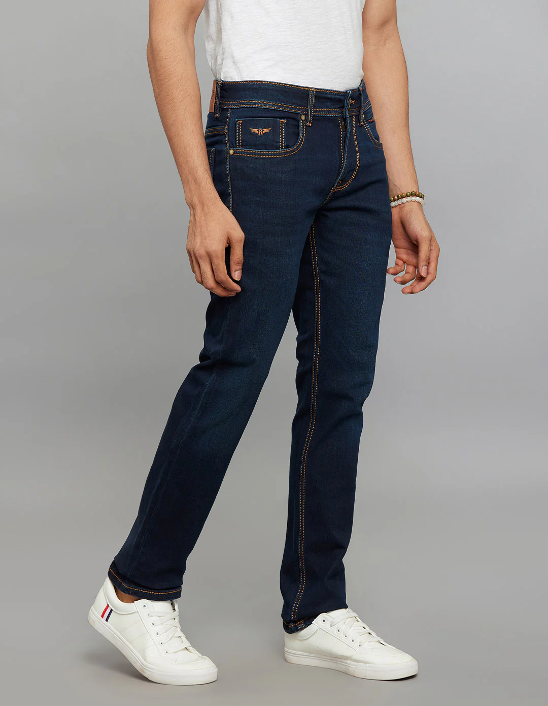 Dark Blue 5 Pocket Mid-Rise Slim Straight Fit Stretch Knit Jeans - Image 4
