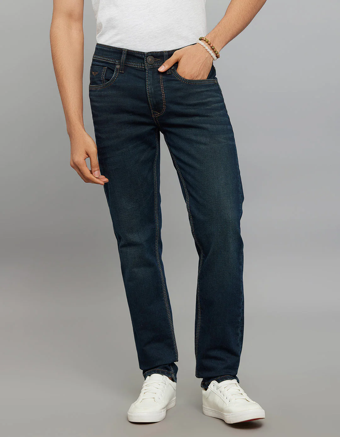 Dark Blue 5 Pocket Mid-Rise Slim Straight Fit Knit Jeans