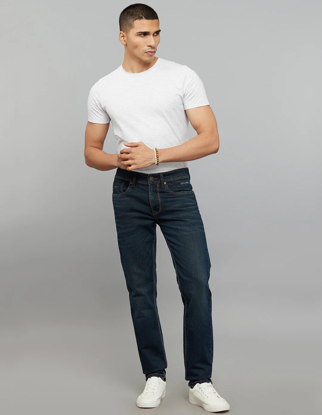 Dark Blue 5 Pocket Mid-Rise Slim Straight Fit Knit Jeans - Image 2