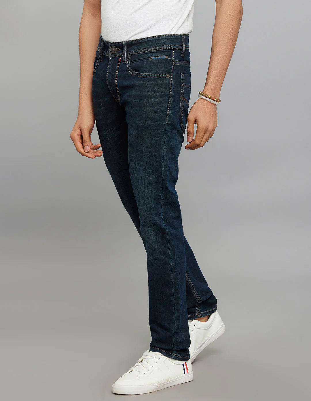 Dark Blue 5 Pocket Mid-Rise Slim Straight Fit Knit Jeans - Image 3