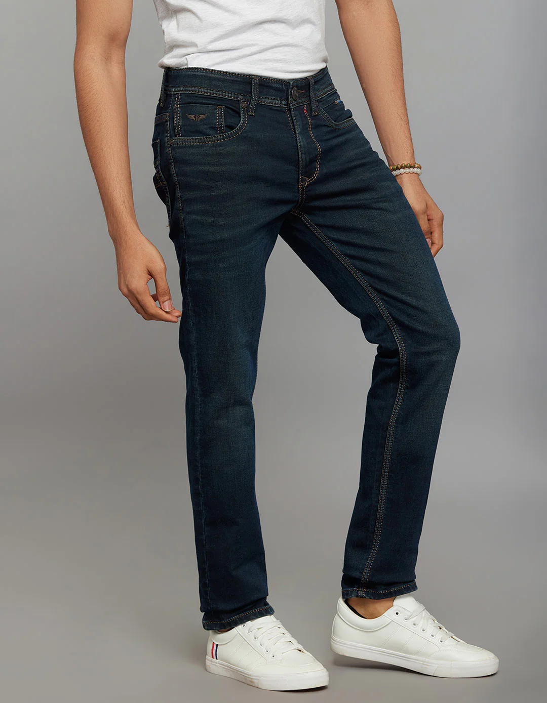 Dark Blue 5 Pocket Mid-Rise Slim Straight Fit Knit Jeans - Image 4