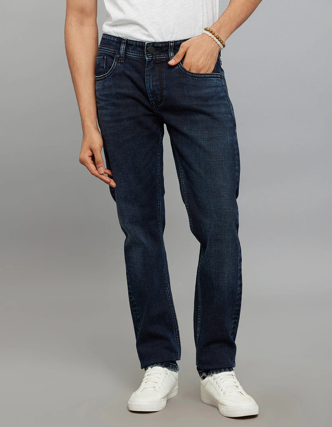 Dark Blue 5 Pocket Mid-Rise Slim Straight Fit Stretch Jeans
