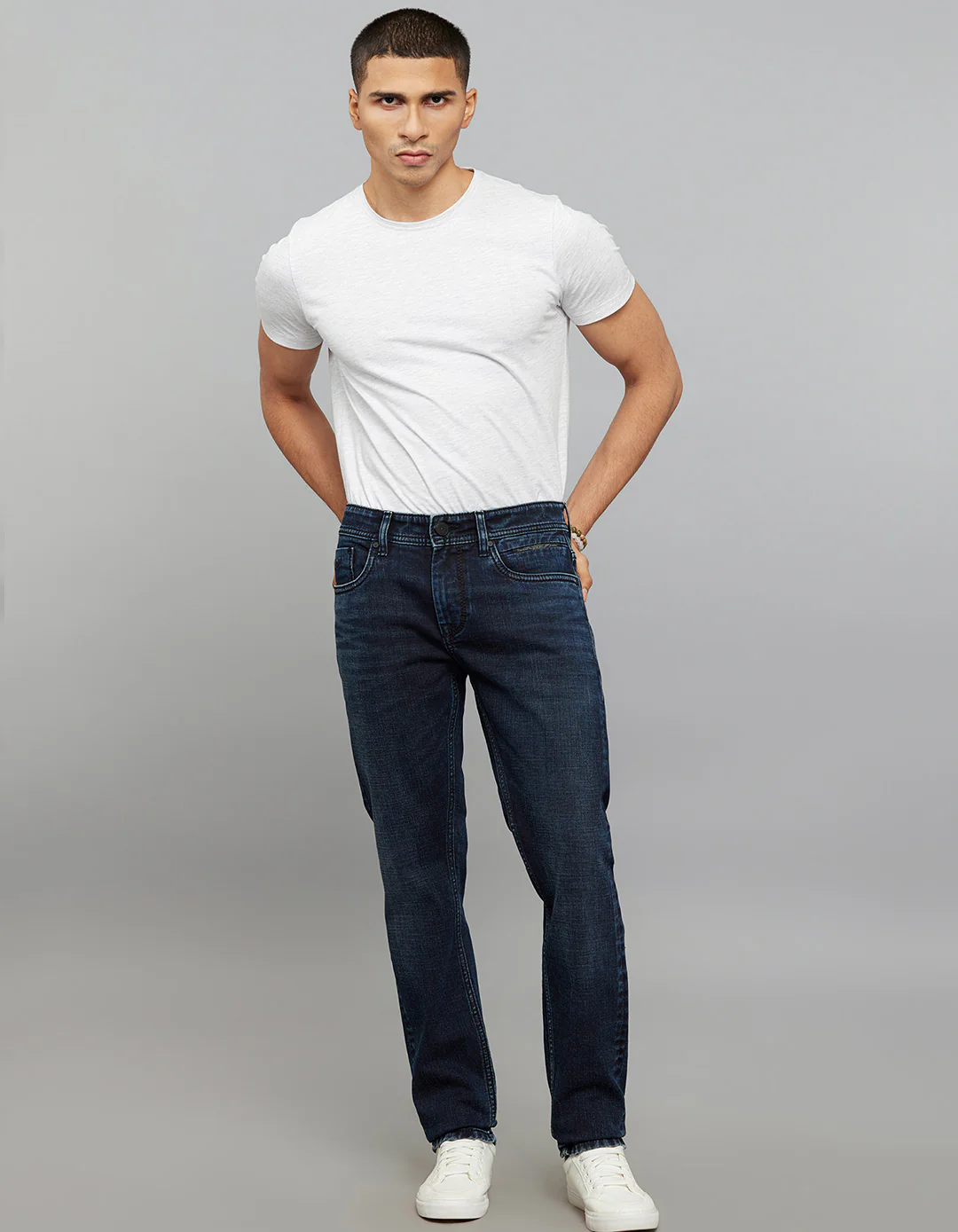 Dark Blue 5 Pocket Mid-Rise Slim Straight Fit Stretch Jeans - Image 2