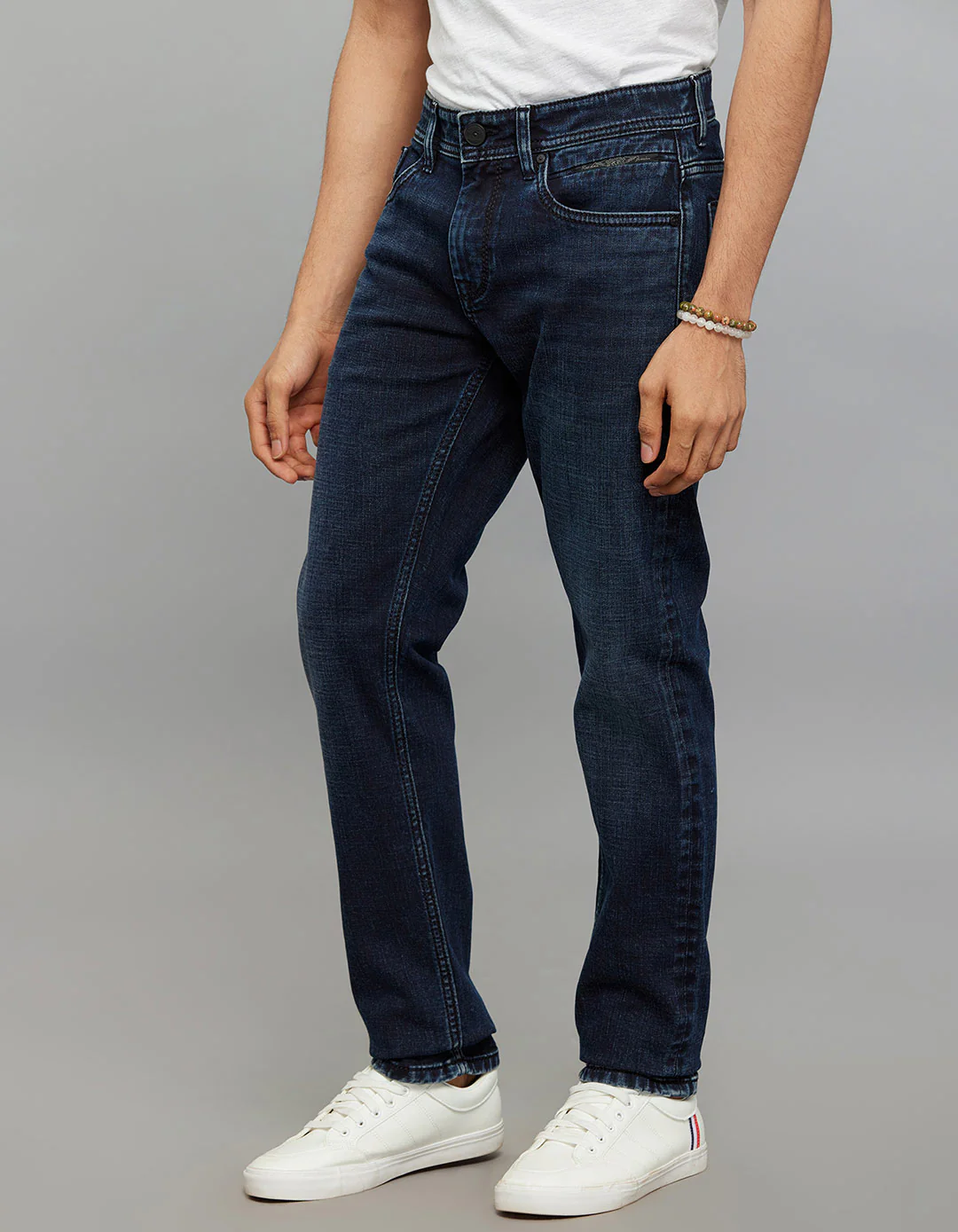 Dark Blue 5 Pocket Mid-Rise Slim Straight Fit Stretch Jeans - Image 3