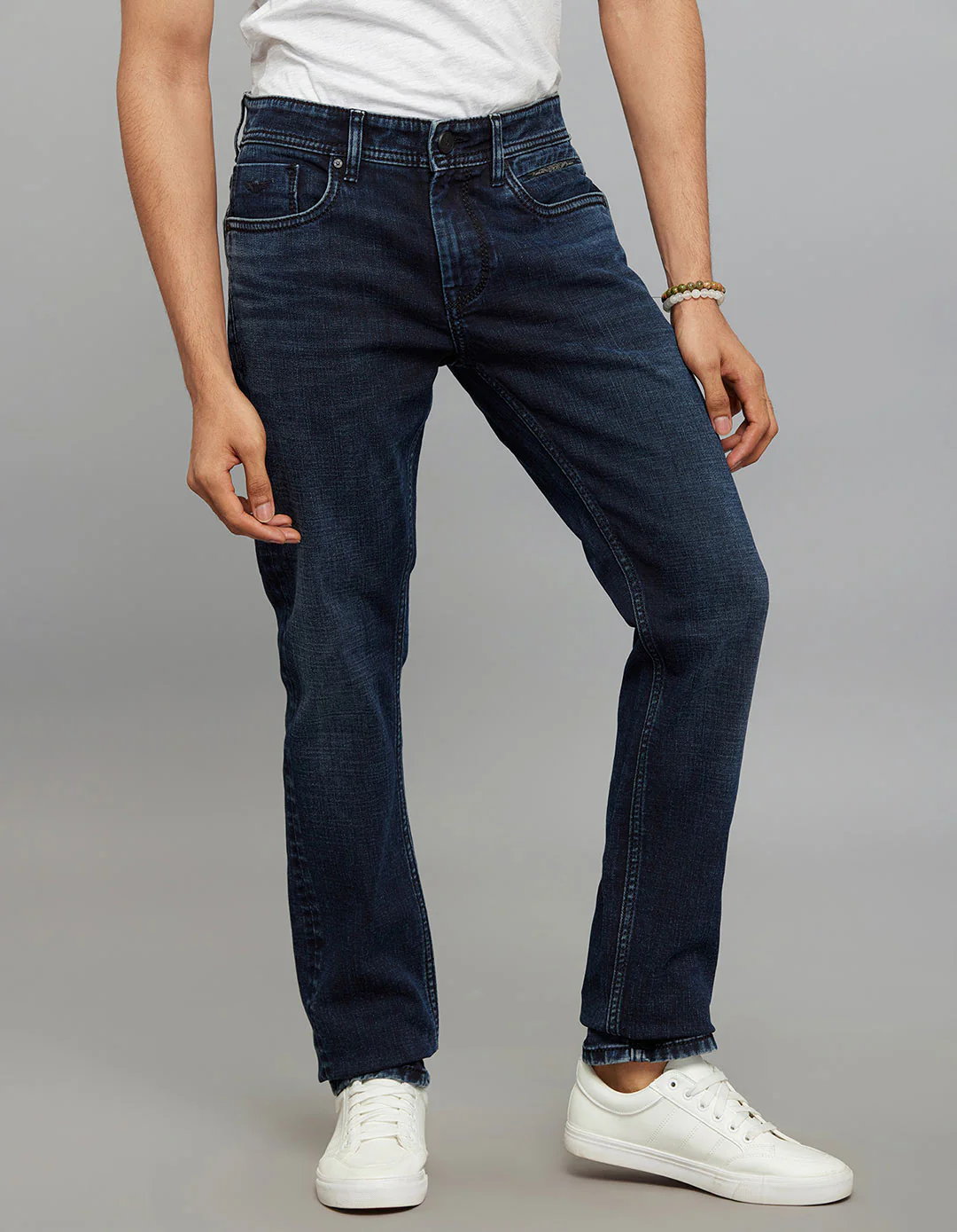 Dark Blue 5 Pocket Mid-Rise Slim Straight Fit Stretch Jeans - Image 4