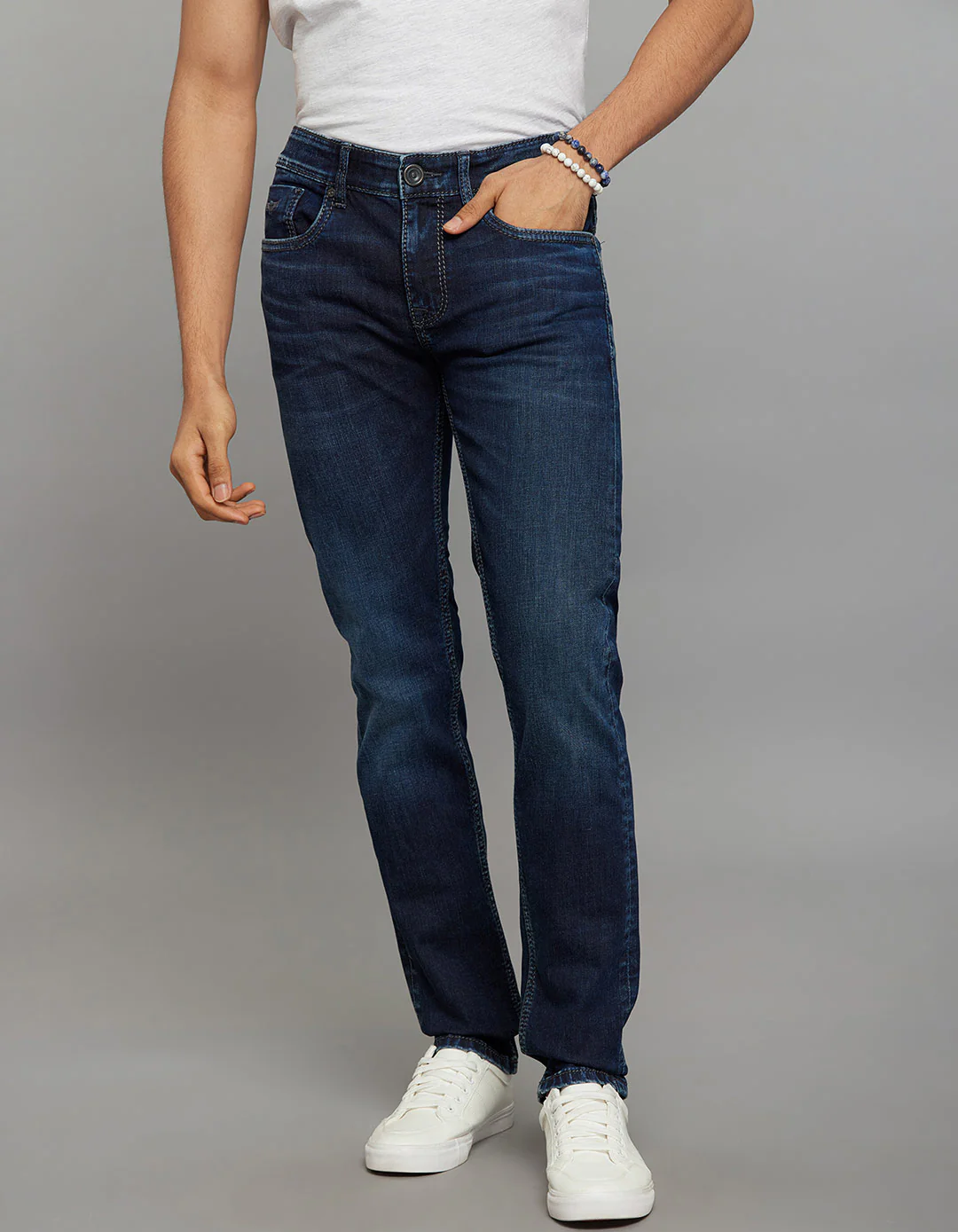 Dark Blue 5 Pocket Mid-Rise Slim Straight Fit Stretch Jeans