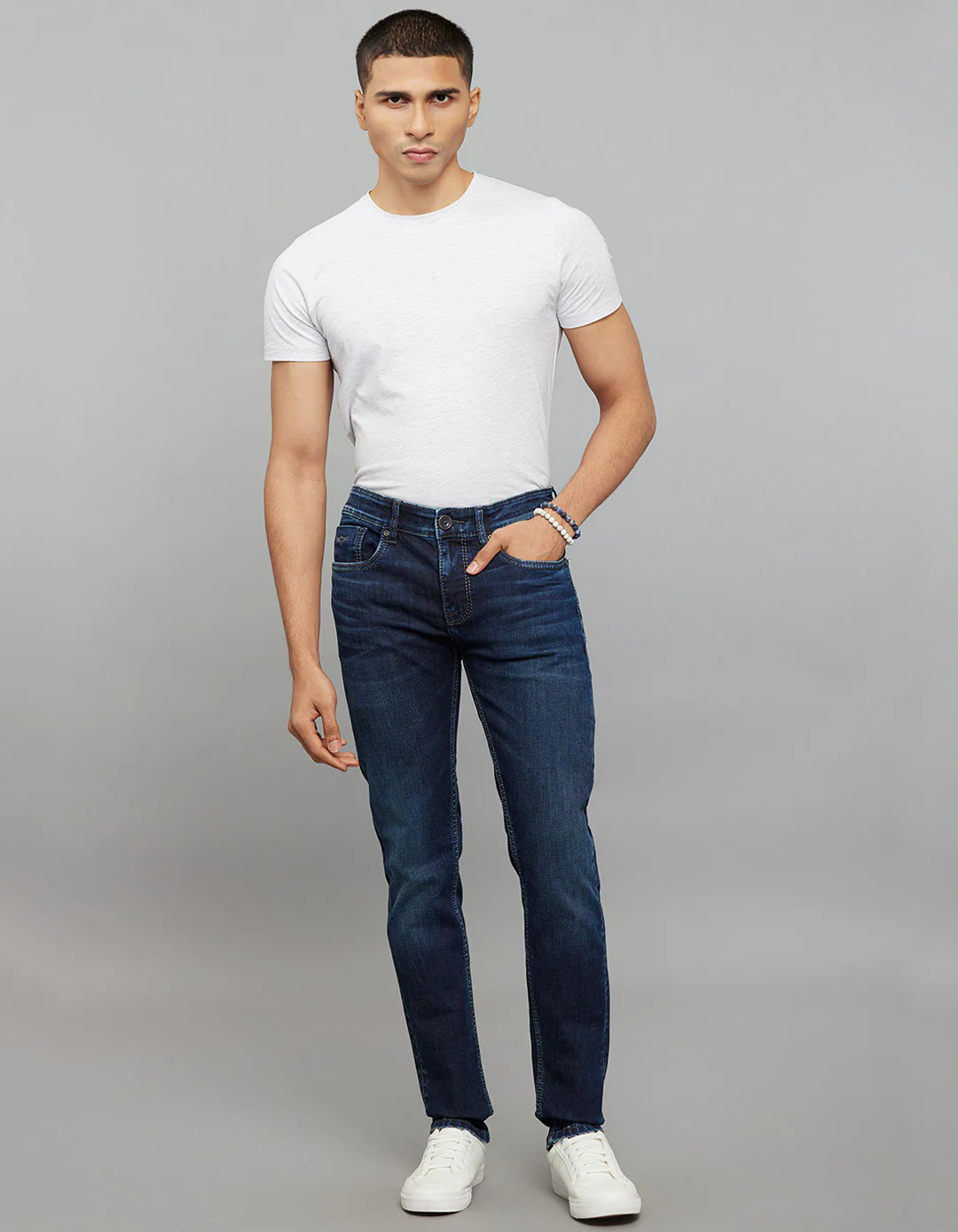 Dark Blue 5 Pocket Mid-Rise Slim Straight Fit Stretch Jeans - Image 2