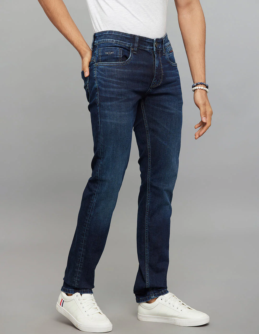 Dark Blue 5 Pocket Mid-Rise Slim Straight Fit Stretch Jeans - Image 3