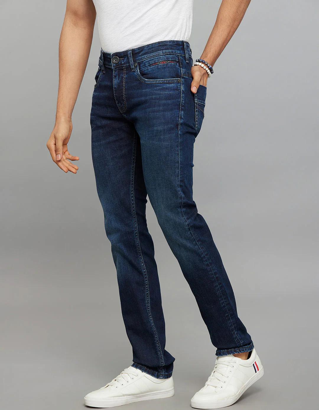 Dark Blue 5 Pocket Mid-Rise Slim Straight Fit Stretch Jeans - Image 4