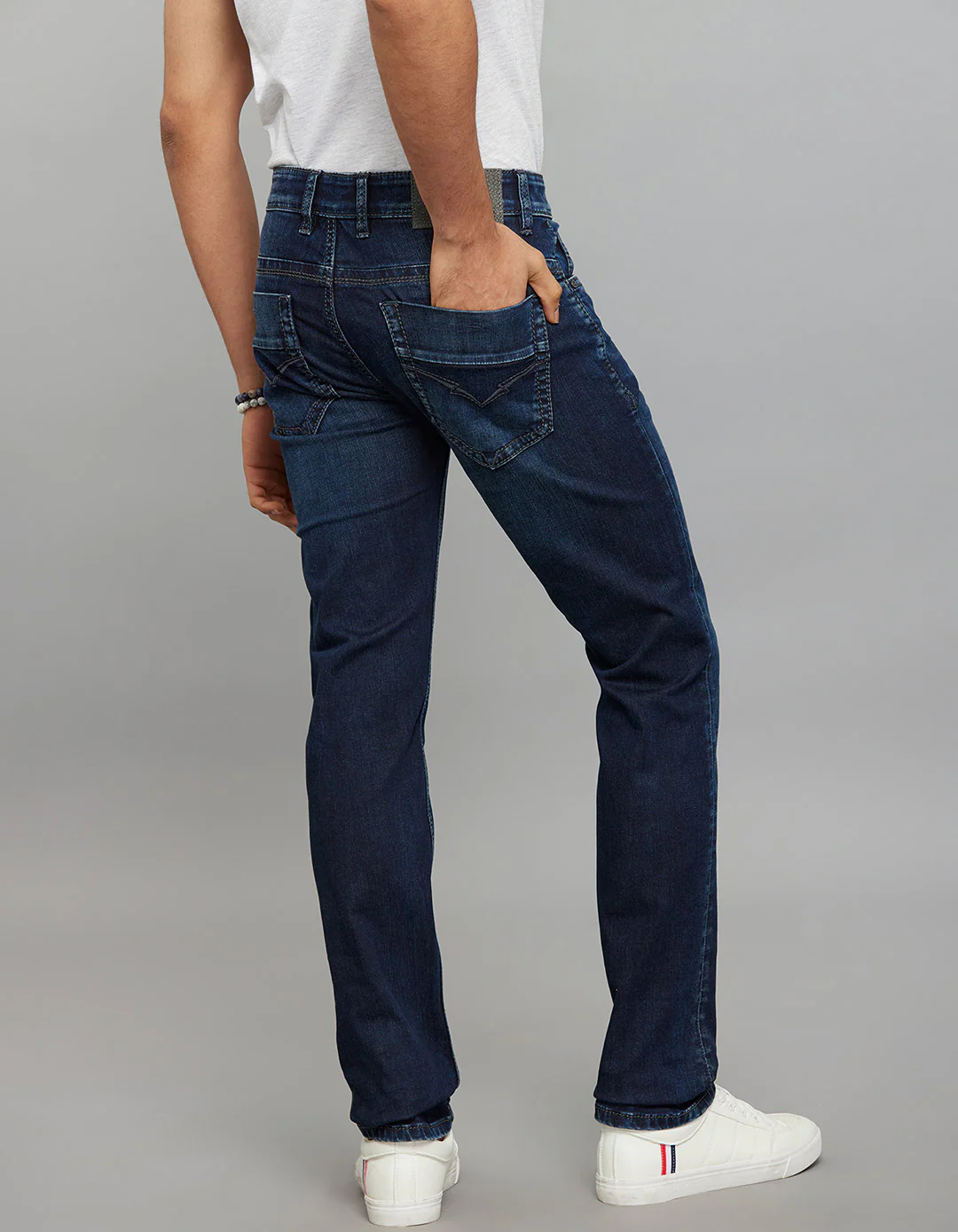 Dark Blue 5 Pocket Mid-Rise Slim Straight Fit Stretch Jeans - Image 5