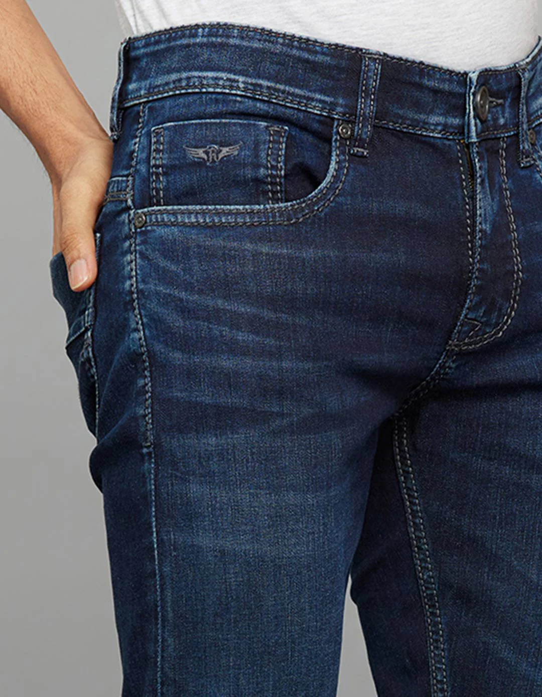 Dark Blue 5 Pocket Mid-Rise Slim Straight Fit Stretch Jeans - Image 6