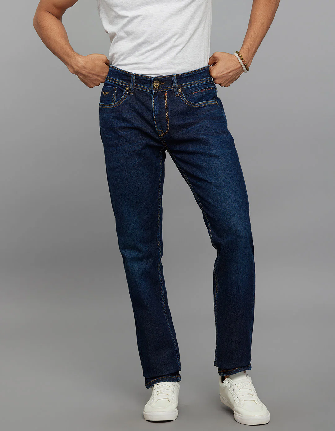 Dark Blue 5 Pocket Mid-Rise Slim Straight Fit Stretch Jeans
