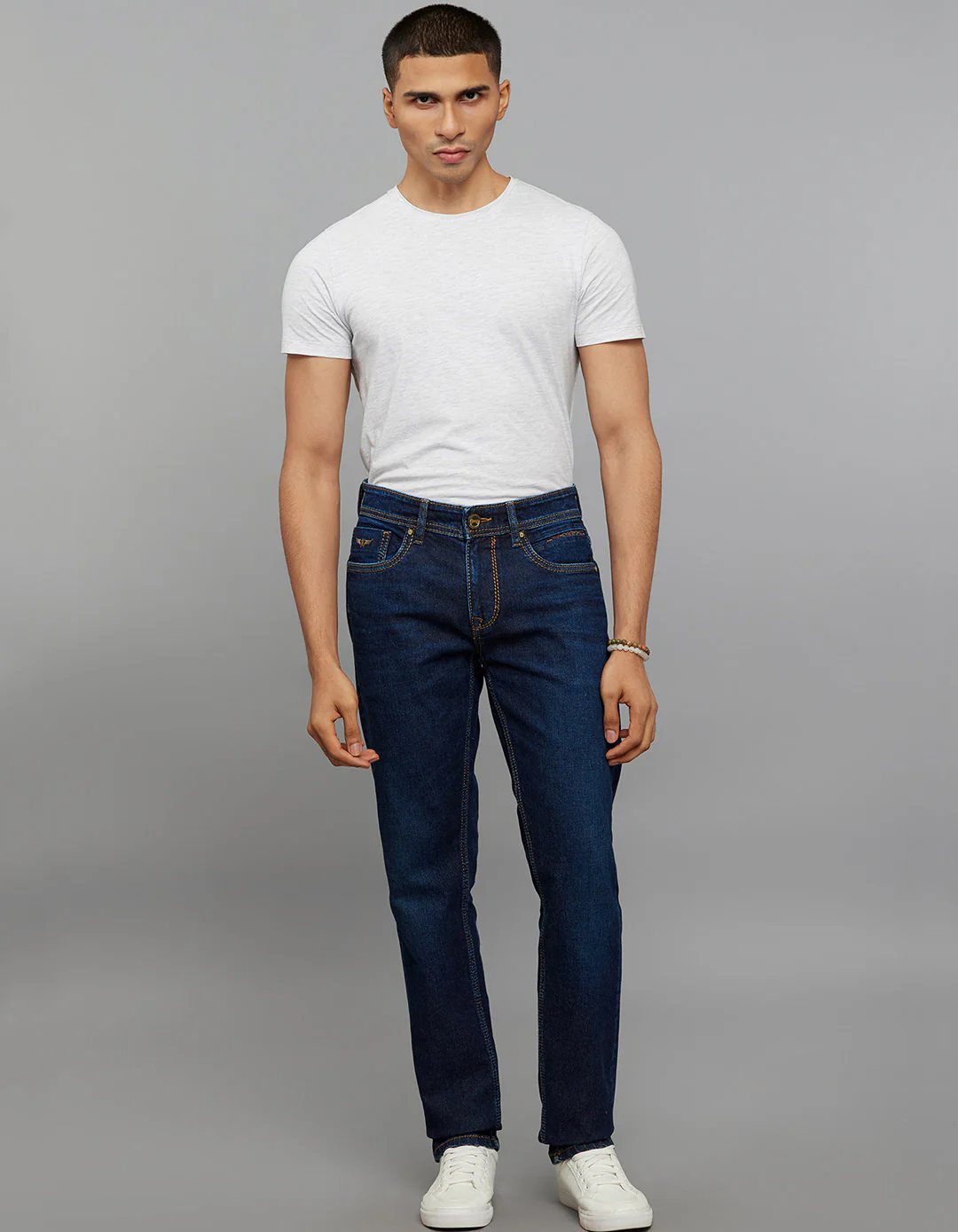 Dark Blue 5 Pocket Mid-Rise Slim Straight Fit Stretch Jeans - Image 2