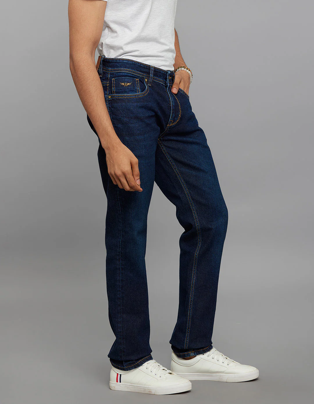 Dark Blue 5 Pocket Mid-Rise Slim Straight Fit Stretch Jeans - Image 3