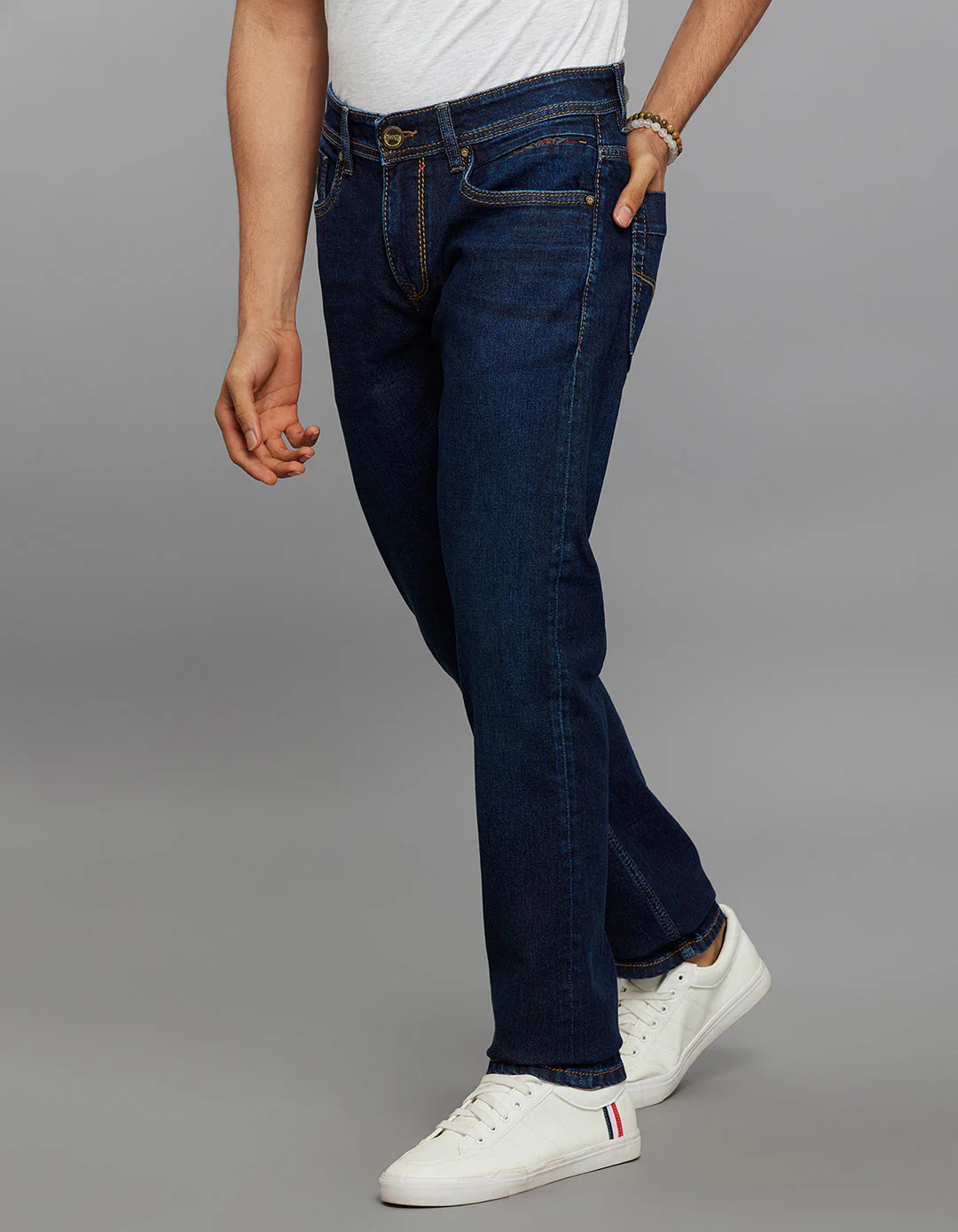 Dark Blue 5 Pocket Mid-Rise Slim Straight Fit Stretch Jeans - Image 4