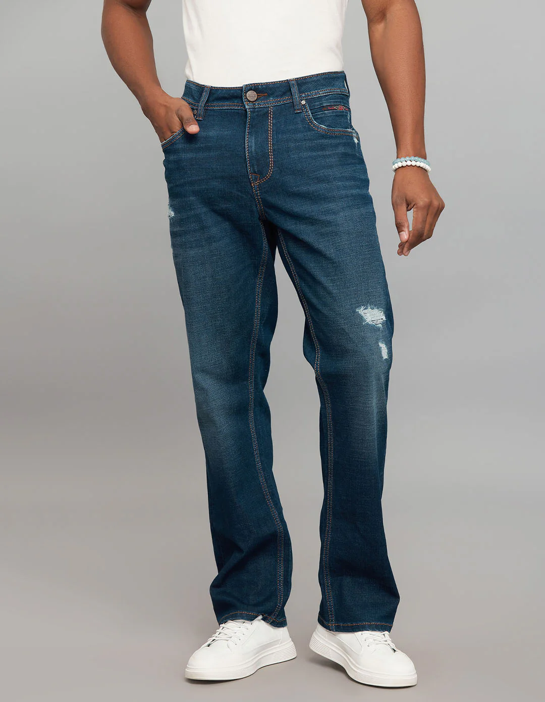 Dark Blue 5 Pocket Midrise, Comfort And Straight Fit Stretch Jeans
