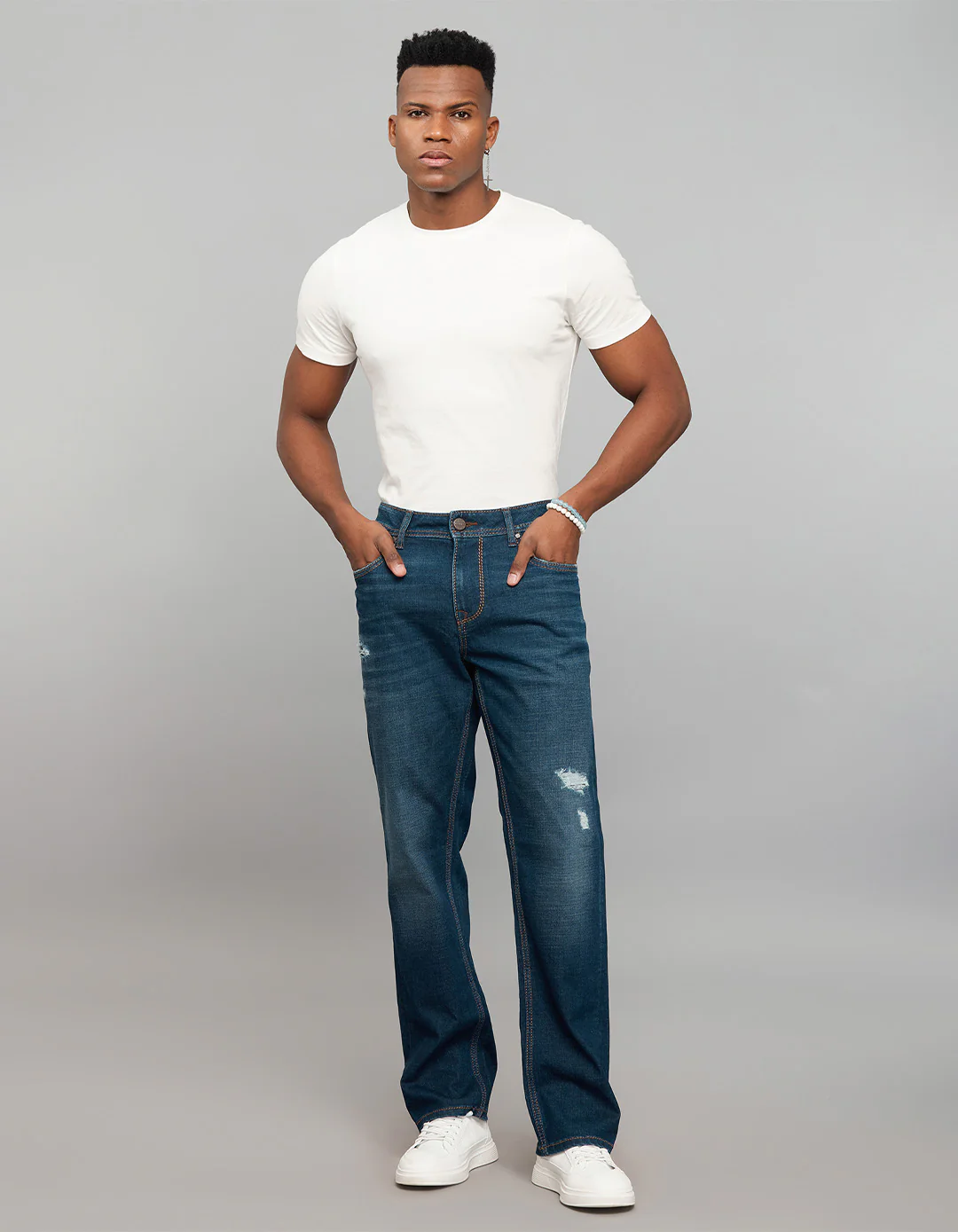 Dark Blue 5 Pocket Midrise, Comfort And Straight Fit Stretch Jeans - Image 2