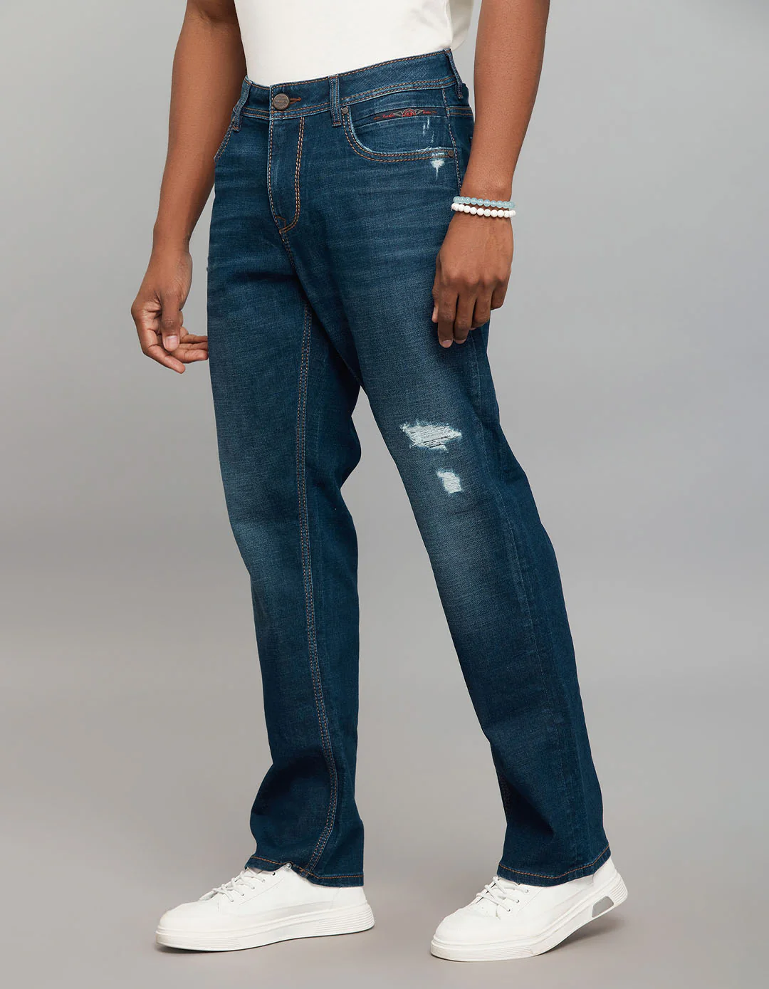 Dark Blue 5 Pocket Midrise, Comfort And Straight Fit Stretch Jeans - Image 3
