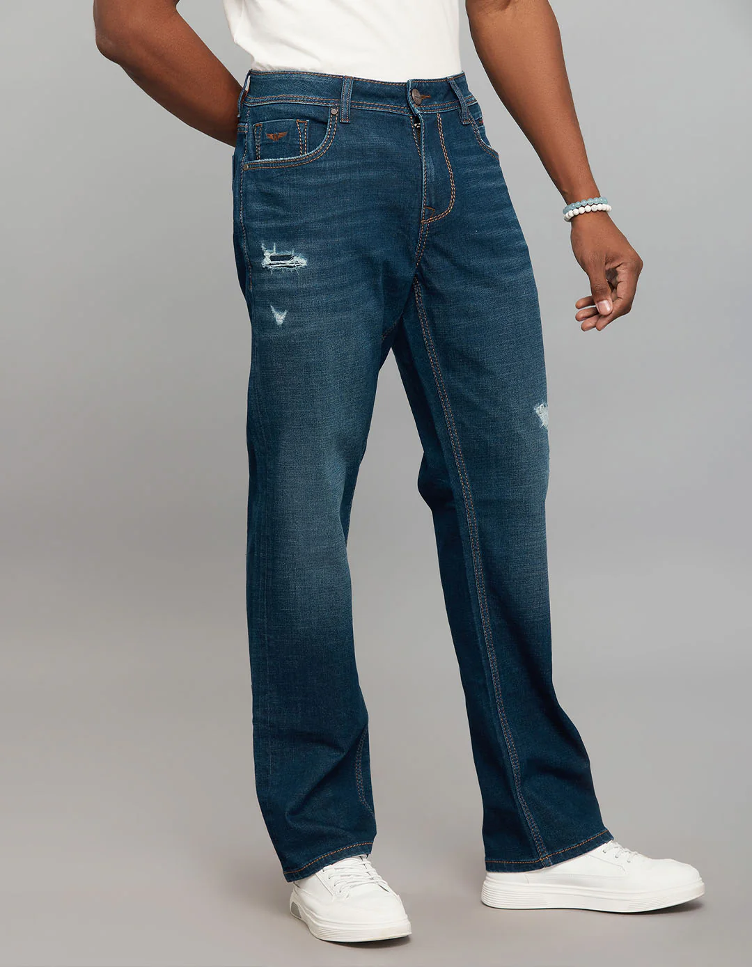 Dark Blue 5 Pocket Midrise, Comfort And Straight Fit Stretch Jeans - Image 4