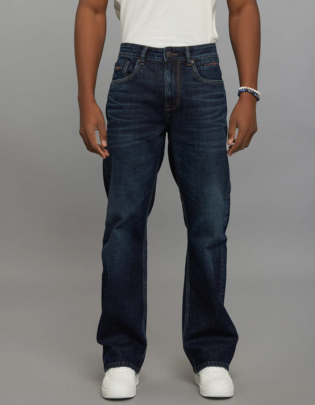 Dark Blue 5 Pocket Midrise Loose Fit Stretch Jeans