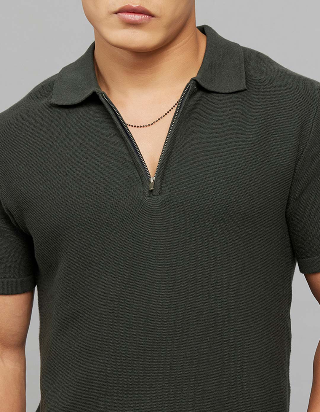 Dark Green Polo Neck Half Sleeves Flatknit Half Zipper Front - Image 5