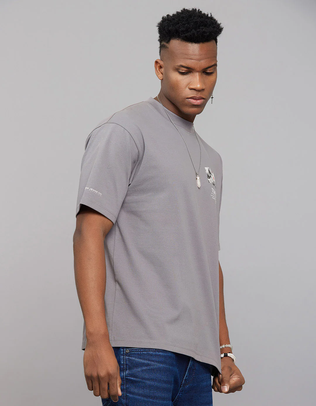Dark Grey Half Sleeves Round Neck Oversized Tee - Image 3