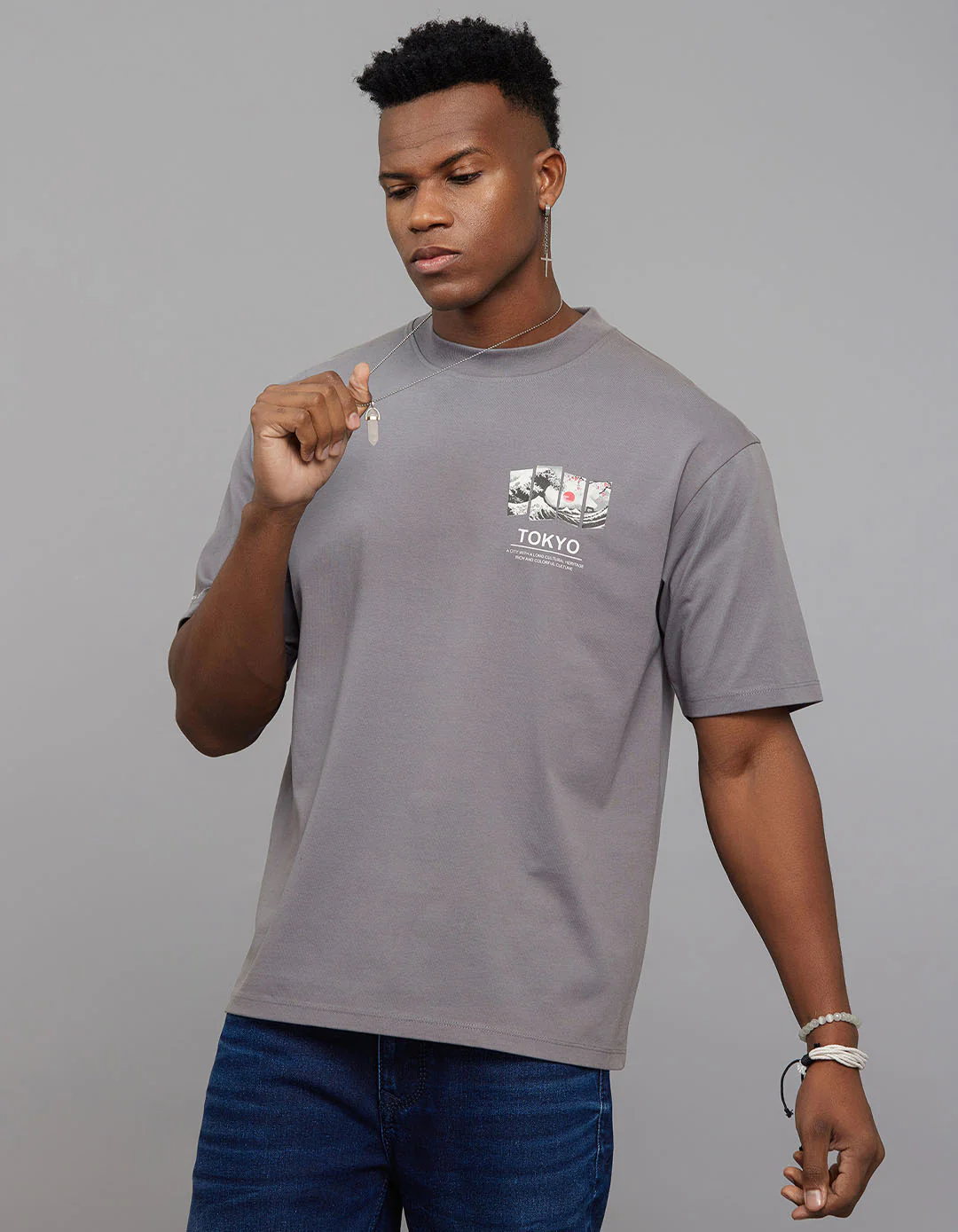Dark Grey Half Sleeves Round Neck Oversized Tee - Image 5