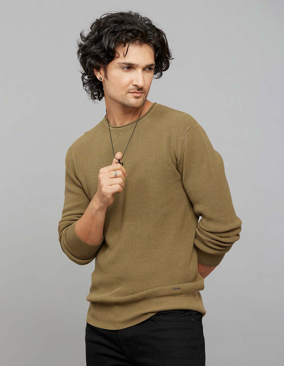 Dark Olive Round Neck Full Sleeves Flatknit - Image 3
