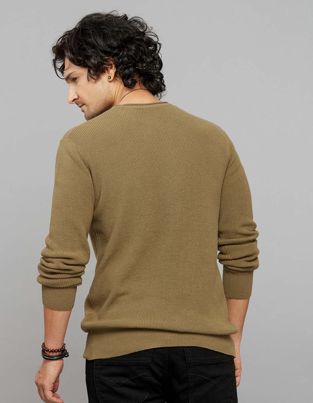 Dark Olive Round Neck Full Sleeves Flatknit - Image 6