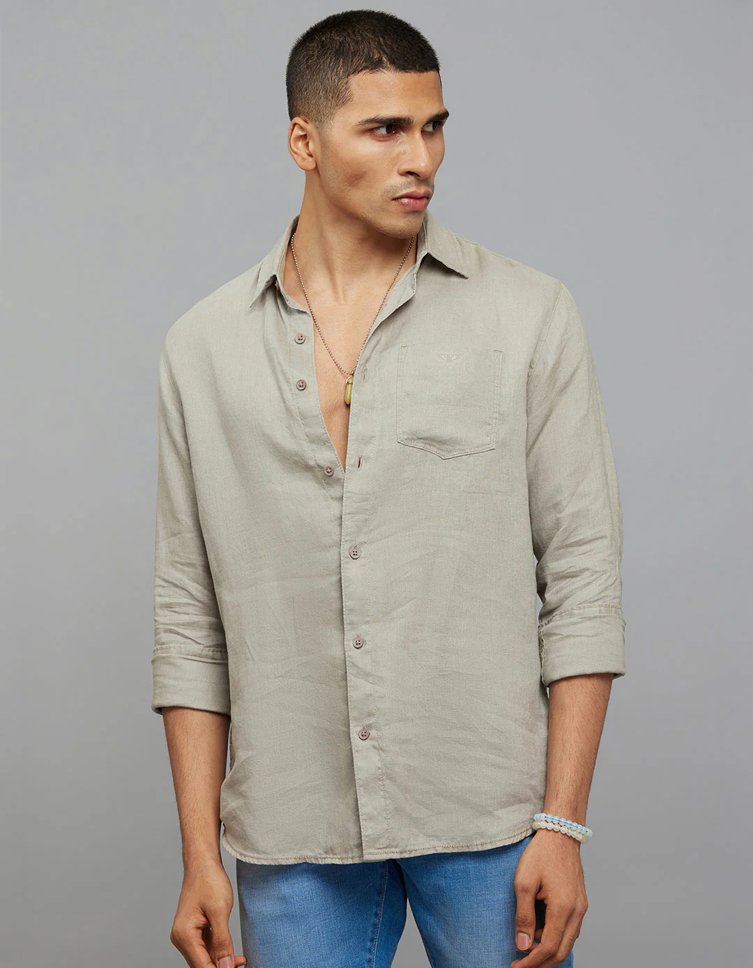 Dark Stone Full Sleeves Linen Blend Shirt