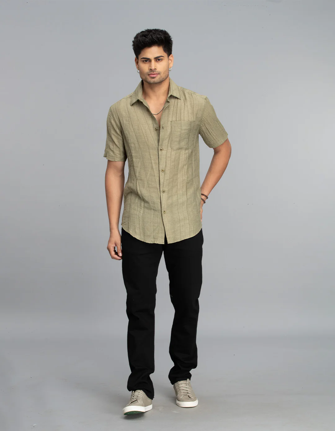 Dk Beige Half Sleeves Textured Dobby Shirt - Image 2