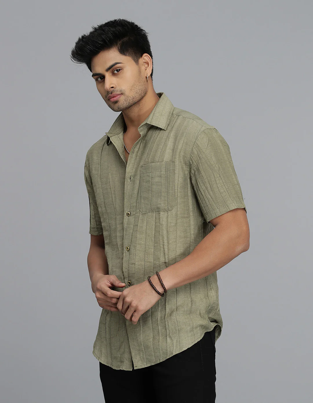 Dk Beige Half Sleeves Textured Dobby Shirt - Image 3
