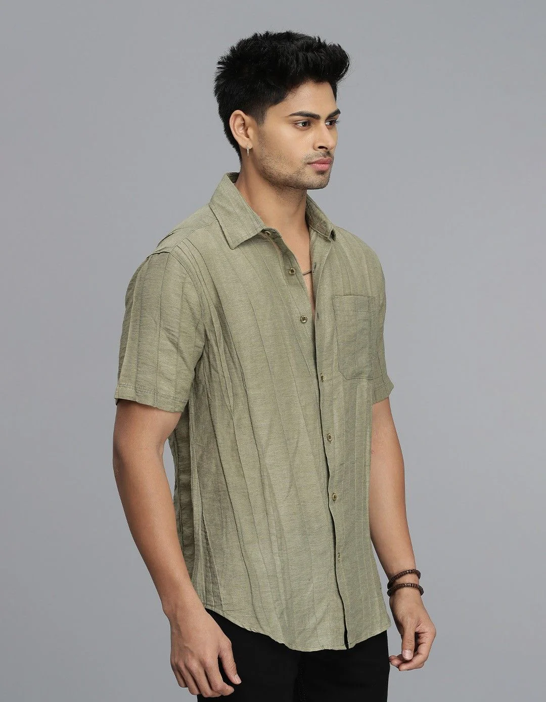 Dk Beige Half Sleeves Textured Dobby Shirt - Image 4