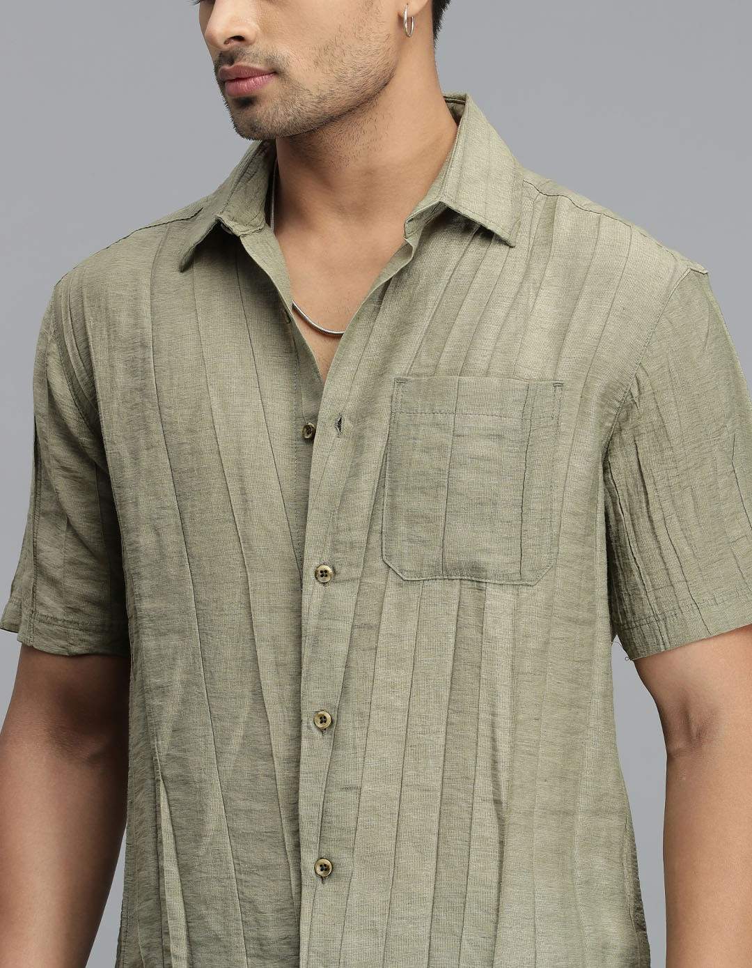 Dk Beige Half Sleeves Textured Dobby Shirt - Image 6
