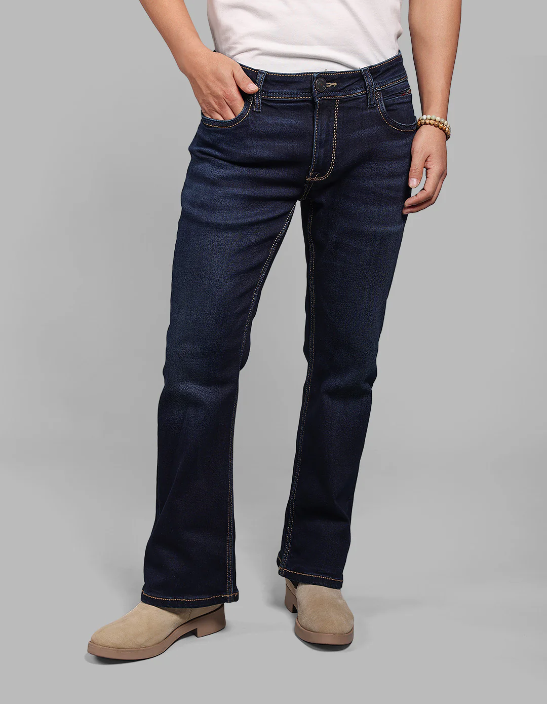 Dk Blue 5 Pocket Mid Rise Cropped Length Loose Boot Leg Stretch Jeans