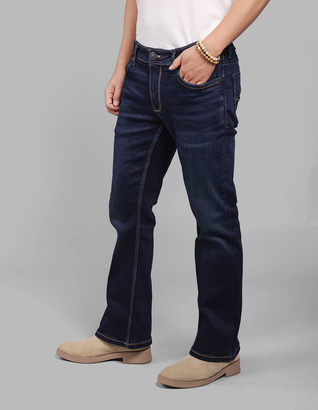 Dk Blue 5 Pocket Mid Rise Cropped Length Loose Boot Leg Stretch Jeans - Image 3