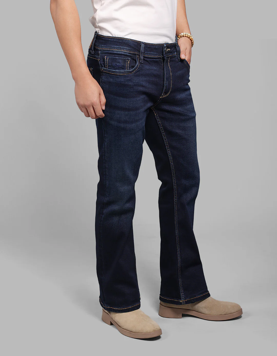 Dk Blue 5 Pocket Mid Rise Cropped Length Loose Boot Leg Stretch Jeans - Image 4