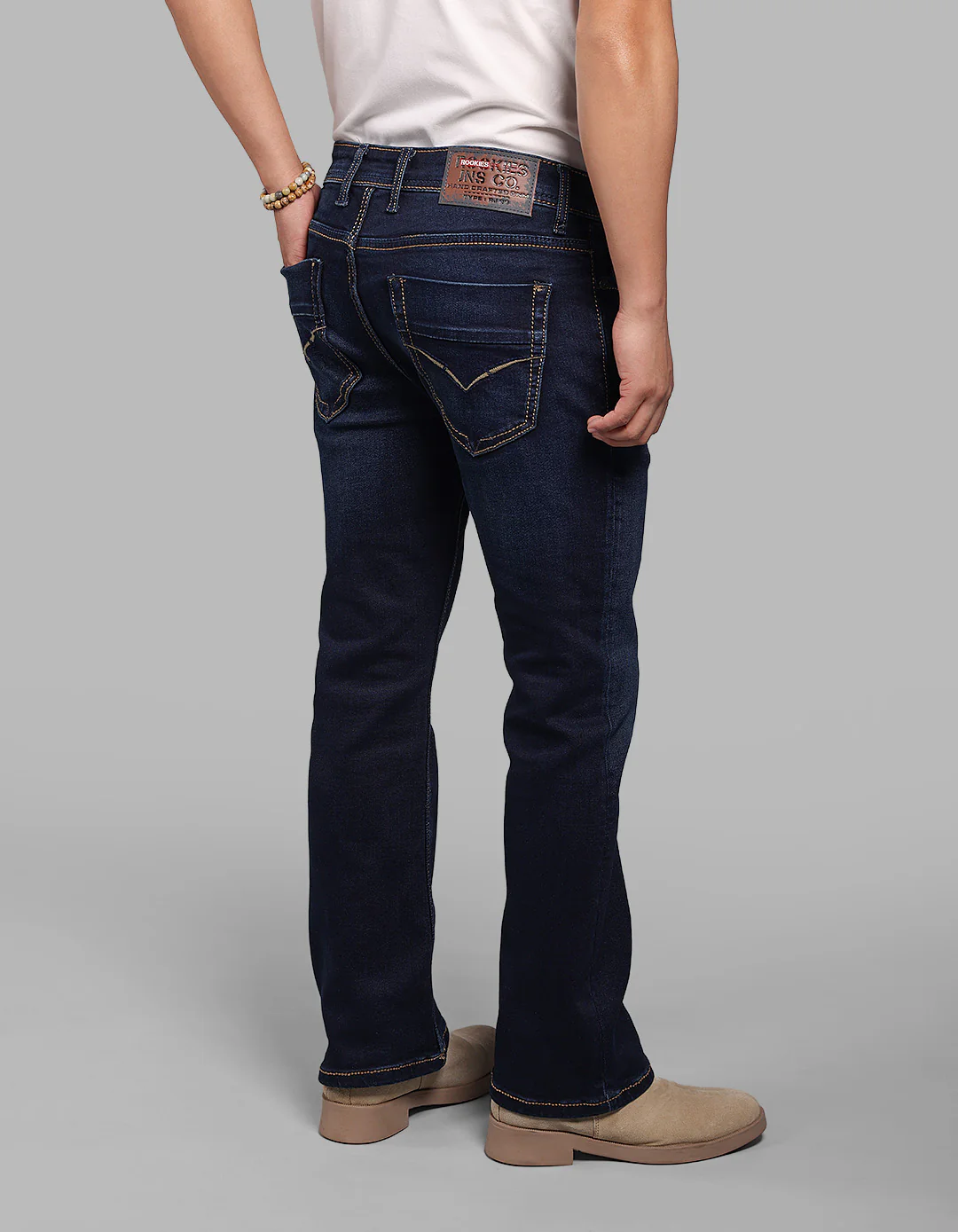 Dk Blue 5 Pocket Mid Rise Cropped Length Loose Boot Leg Stretch Jeans - Image 5
