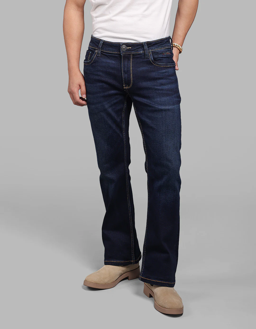Dk Blue 5 Pocket Mid Rise Cropped Length Loose Boot Leg Stretch Jeans - Image 6