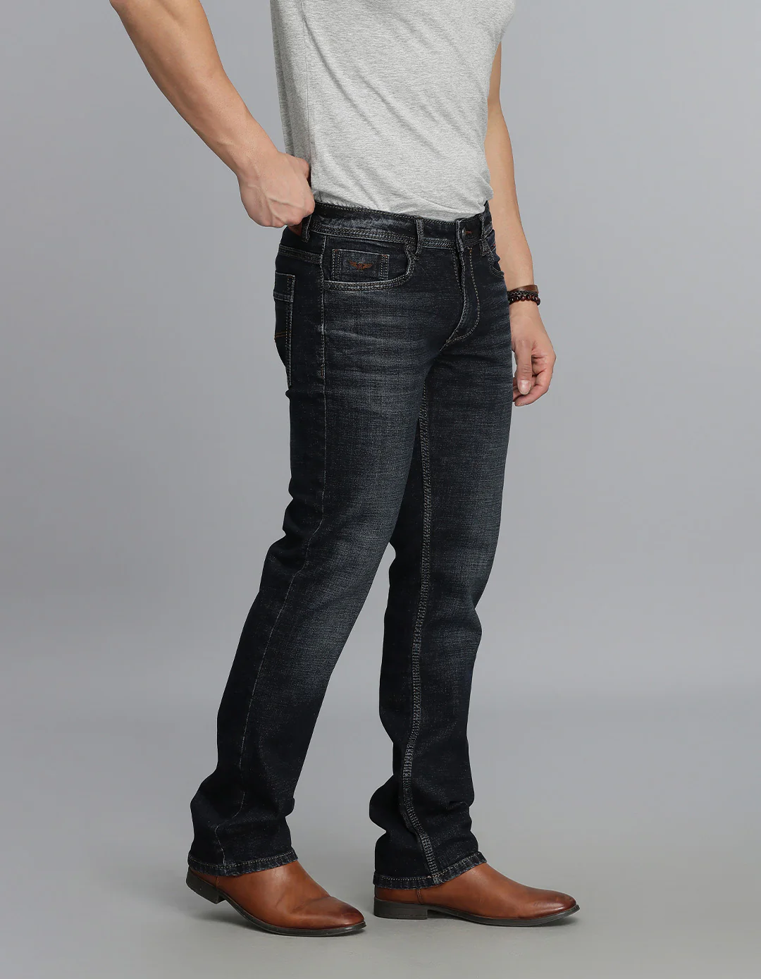 Dk Blue 5 Pocket Mid Rise Loose Boot Leg jeans - Image 3