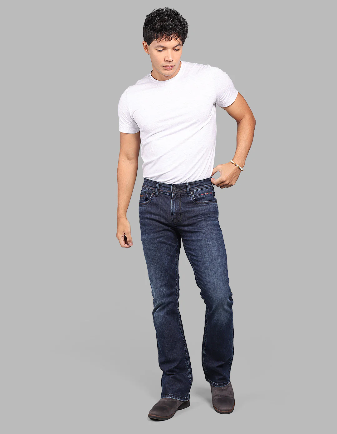 Dk Blue 5 Pocket Mid Rise Loose Boot Leg Stretch Jeans - Image 3