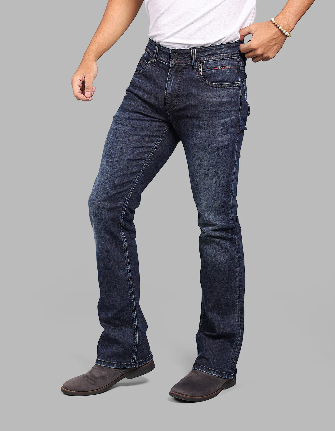 Dk Blue 5 Pocket Mid Rise Loose Boot Leg Stretch Jeans - Image 4