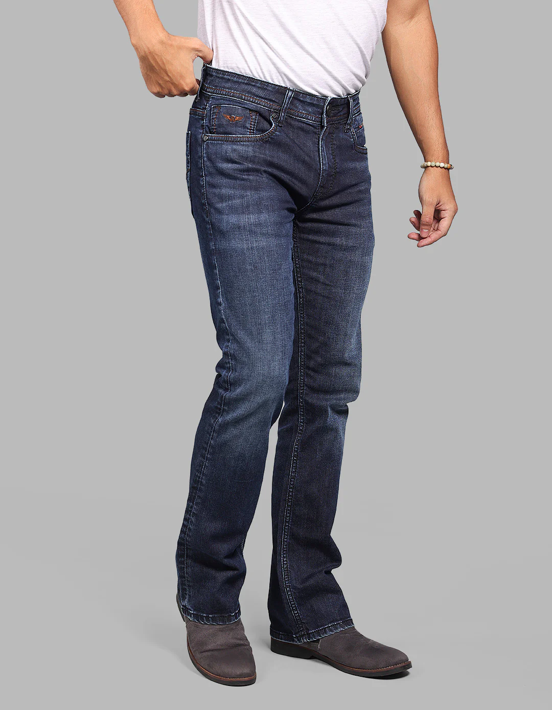 Dk Blue 5 Pocket Mid Rise Loose Boot Leg Stretch Jeans - Image 5