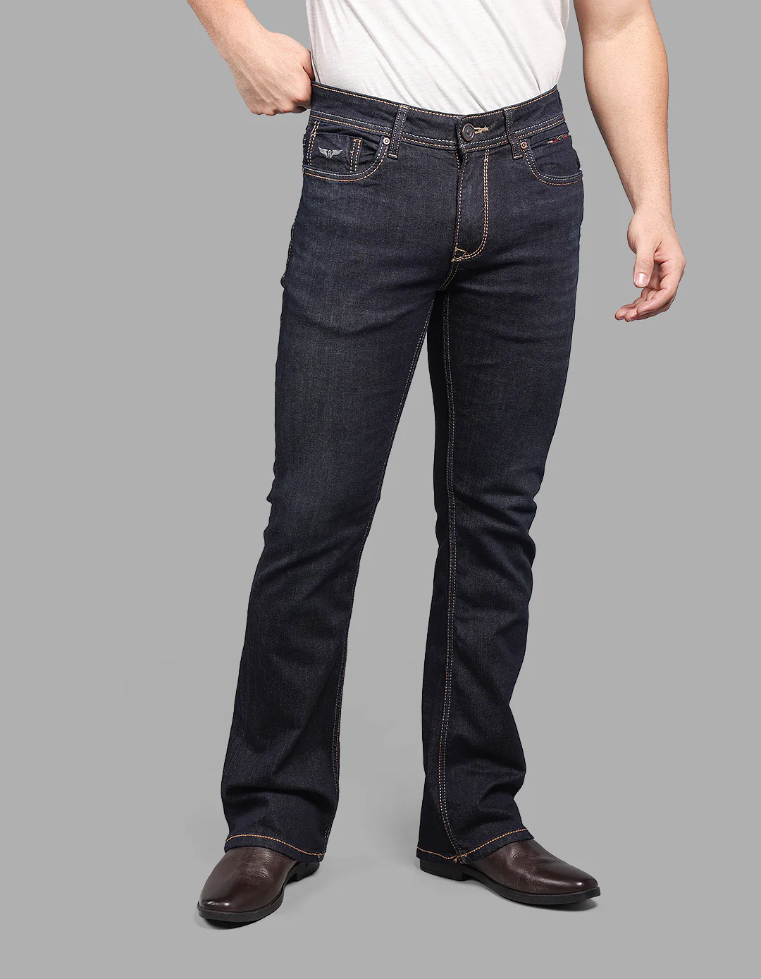 Dk Blue 5 Pocket Mid Rise Loose Boot Leg Stretch Jeans - Image 3
