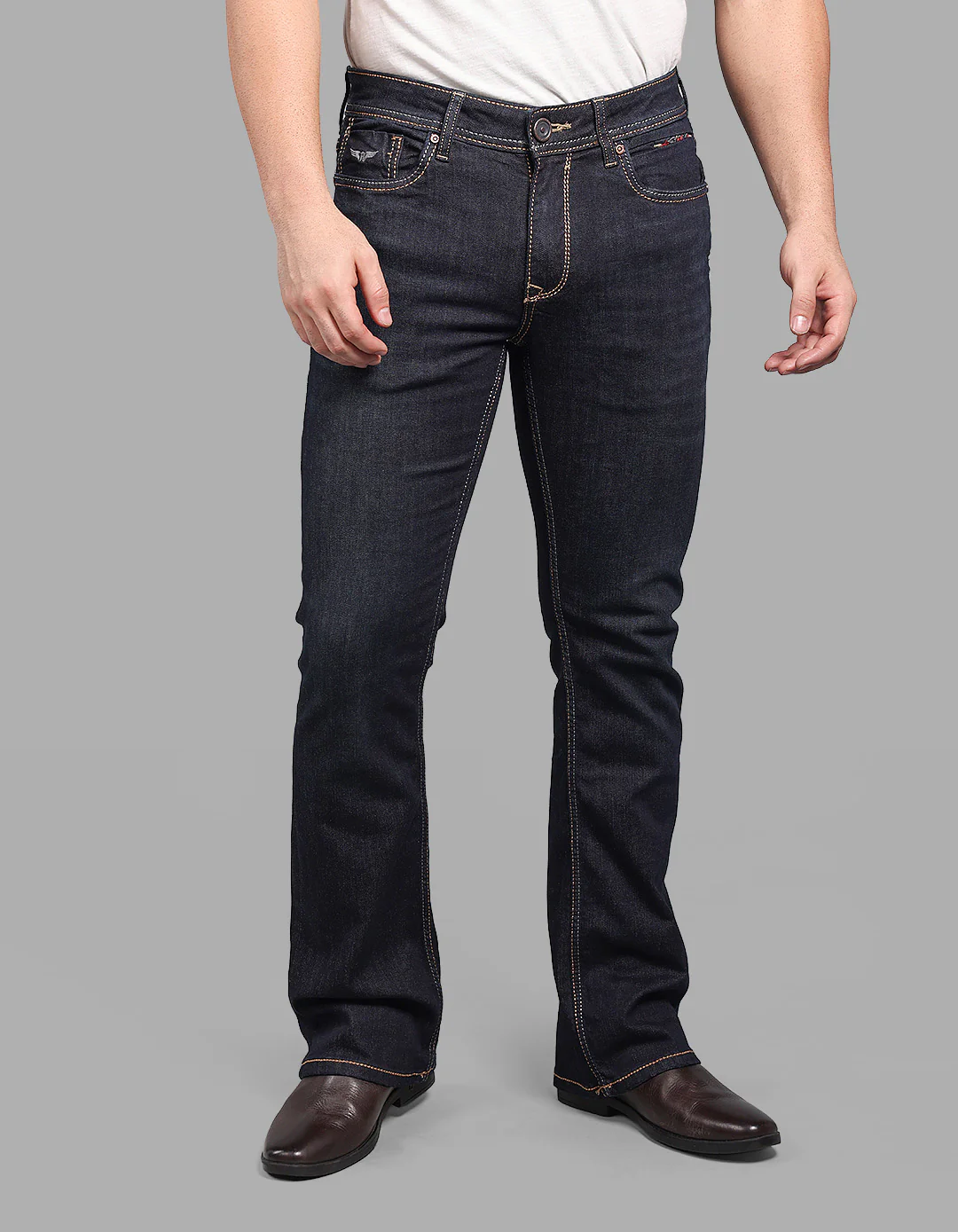 Dk Blue 5 Pocket Mid Rise Loose Boot Leg Stretch Jeans - Image 4