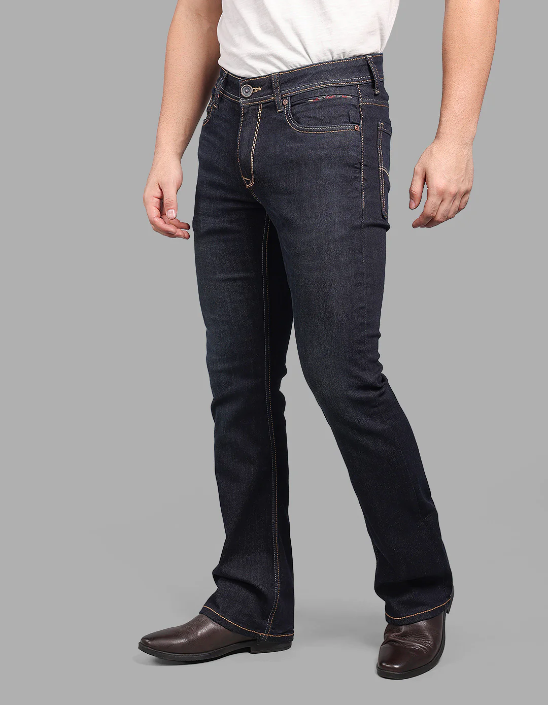 Dk Blue 5 Pocket Mid Rise Loose Boot Leg Stretch Jeans - Image 5