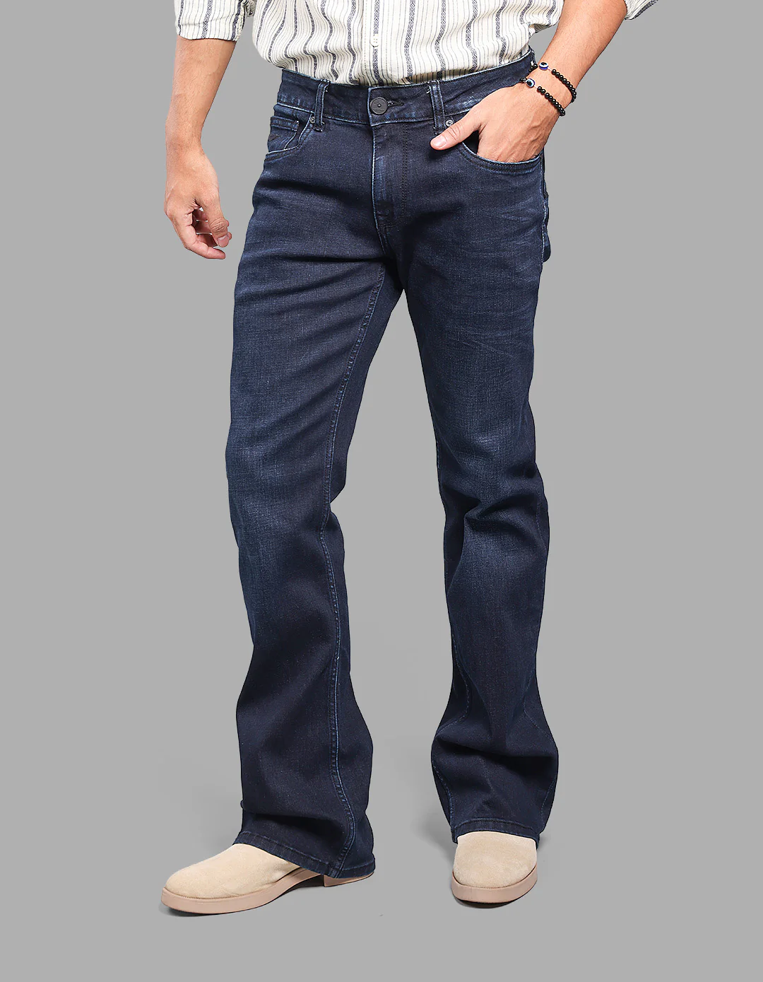 Dk Blue 5 Pocket Mid Rise Loose Boot Leg Stretch Jeans - Image 3