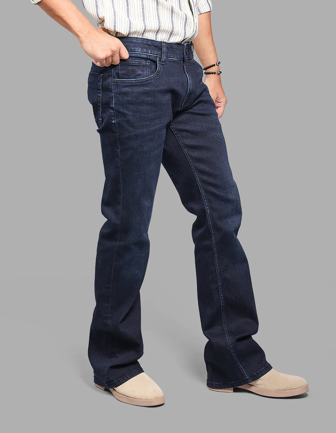Dk Blue 5 Pocket Mid Rise Loose Boot Leg Stretch Jeans - Image 4
