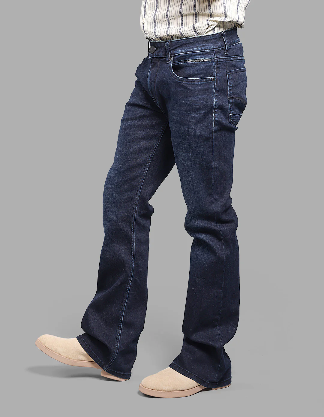 Dk Blue 5 Pocket Mid Rise Loose Boot Leg Stretch Jeans - Image 5