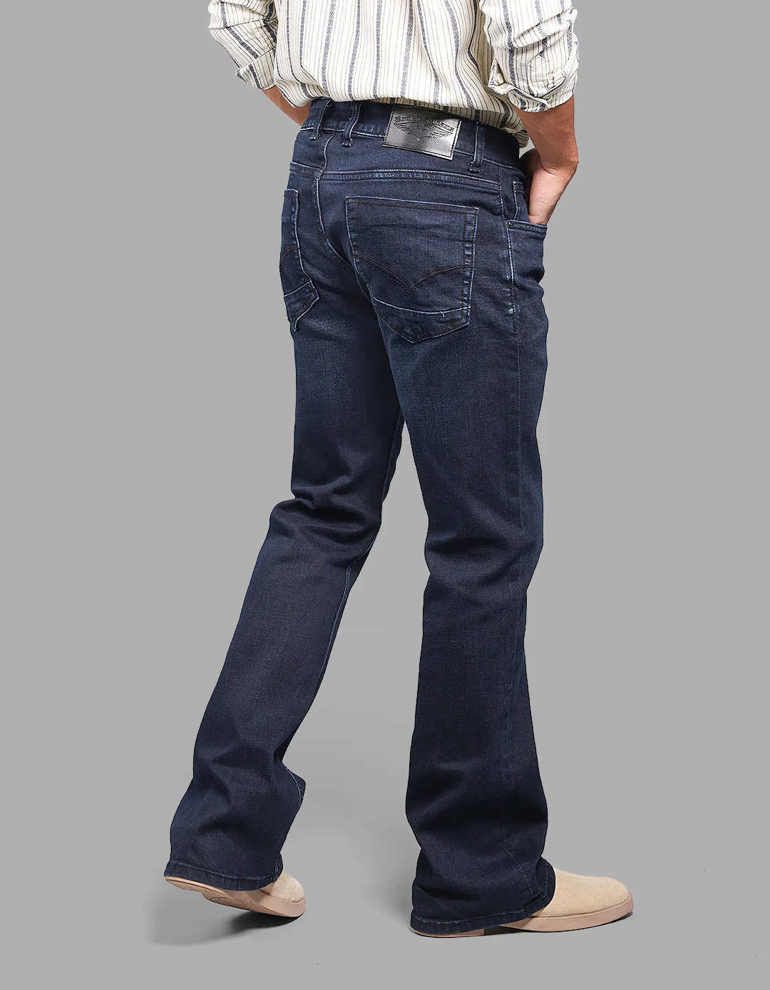 Dk Blue 5 Pocket Mid Rise Loose Boot Leg Stretch Jeans - Image 6